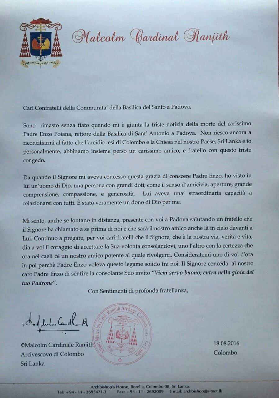 Lettera del cardinale Malcom Ranjith, arcivescovo di Colombo (Sri Lanka) per la scomparsa di p. Enzo Poiana.